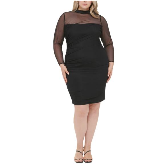 Calvin Klein Black Long Sleeve Sheath Cocktail Dress Size 22W Ruched Sheer Neck - Picture 11 of 12